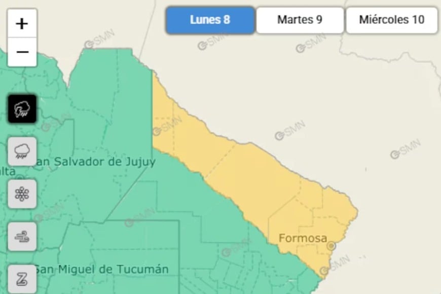 Las zonas bajo alerta amarilla este lunes.
