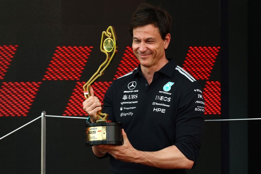 Formula One F1 - Monaco Grand Prix - Circuit de Monaco, Monaco - June 7, 2026
Mercedes team principal Toto Wolff celebrates with the trophy on the podium after Mercedes' Andrea Kimi Antonelli wins the Monaco Grand Prix REUTERS/Yves Herman