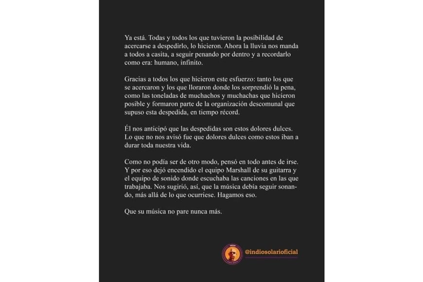El comunicado de la familia del Indio Solari.