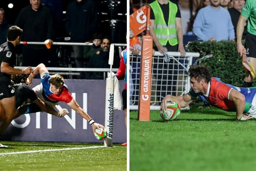 Gino Dicapua y Lautaro Cipriani, wingers de Capibaras, a punto de anotar sus respectivos tries casi sobre la línea del ingoal. Para situaciones como estas, el árbitro del partido en las semis del SRA, podrá solicitar "ayuda" de la transmisión televisiva. Fotos: Fernando Nicola/Martín Perego.