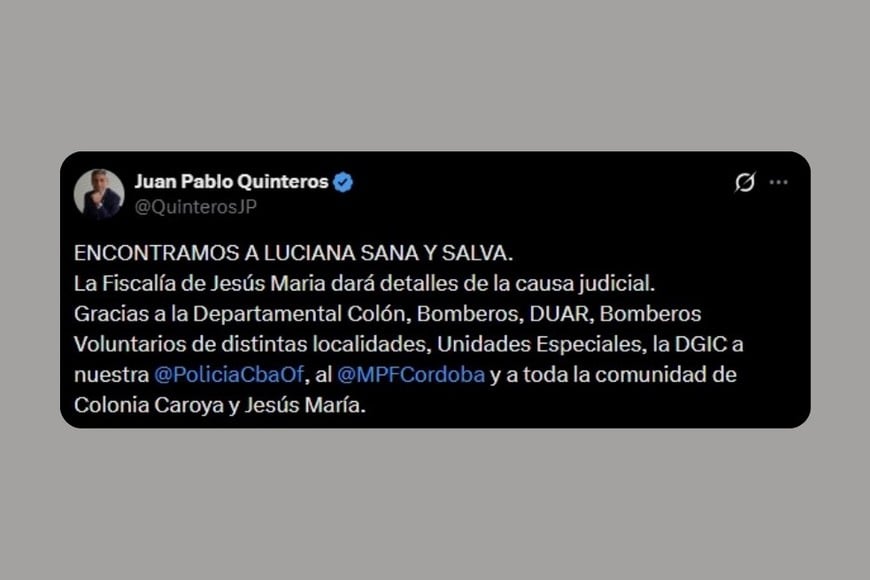 La publicación del ministro de Seguridad de Córdoba, Juan Pablo Quinteros.
