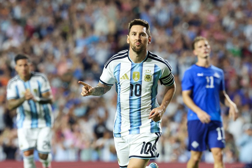 Jun 9, 2026; Auburn, Alabama, USA; Argentina forward Lionel Messi (10) celebrates after scoring a goal during the second half against Iceland during a Road to 26 men's international friendly at Jordan-Hare Stadium. Mandatory Credit: John Reed-Imagn Images