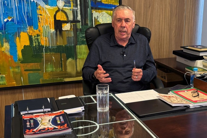 Brazil head coach Carlo Ancelotti speaks during an interview with Reuters in Rio de Janeiro, Brazil, May 12, 2026. Picture taken with a phone. REUTERS/Sergio Queiroz