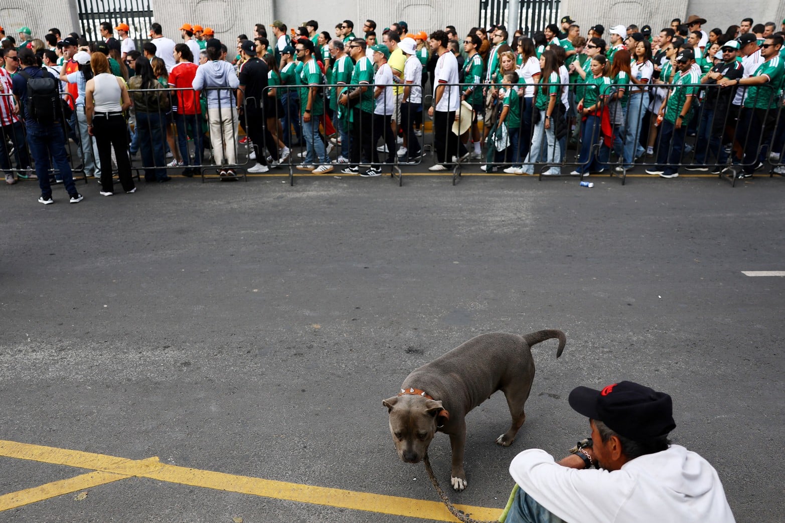 México vs. Sudáfrica - Estadio Azteca, Ciudad de México, México - 11 de junio de 2026
Aficionados mexicanos hacen fila mientras se ve un perro afuera del estadio antes del partido. 