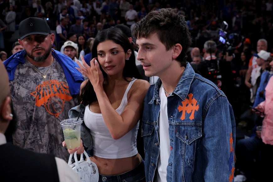 Jun 10, 2026; New York, New York, USA; TImothee Chalamet and Kylie Jenner at halftime between the New York Knicks and the San Antonio Spurs during game four of the 2026 NBA Finals at Madison Square Garden. Mandatory Credit: Brad Penner-Imagn Images