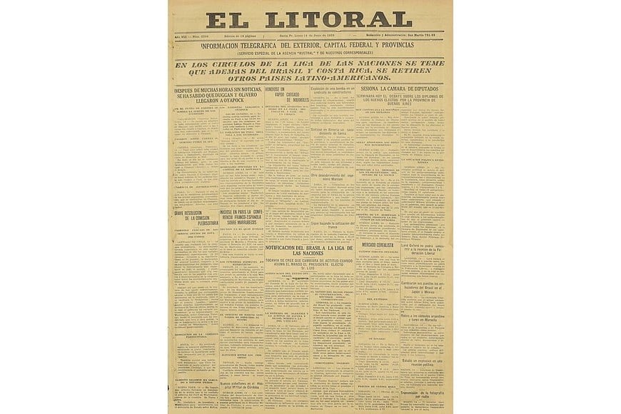 Tapa de la edición del 14 de junio de 1926 de diario El Litoral.