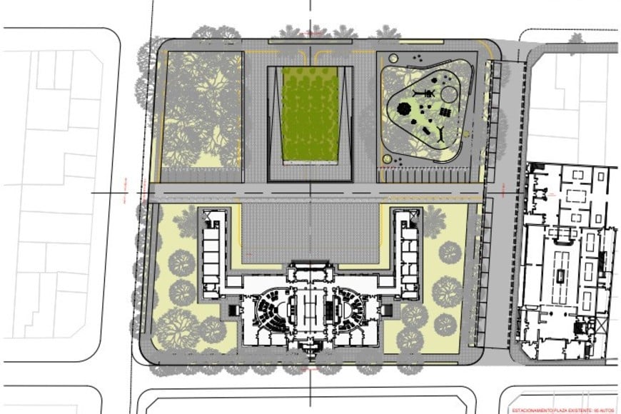 Cómo es hoy el lugar, con la Legislatura y la gran área ocupada a estacionamiento. Foto: Croquis anteproyecto