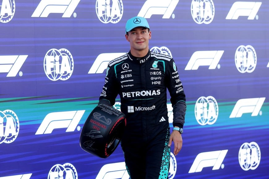 Formula One F1 - Barcelona-Catalunya Grand Prix - Circuit de Barcelona-Catalunya, Barcelona, Spain - June 13, 2026
Mercedes' George Russell reacts after qualifying in pole position REUTERS/Bruna Casas