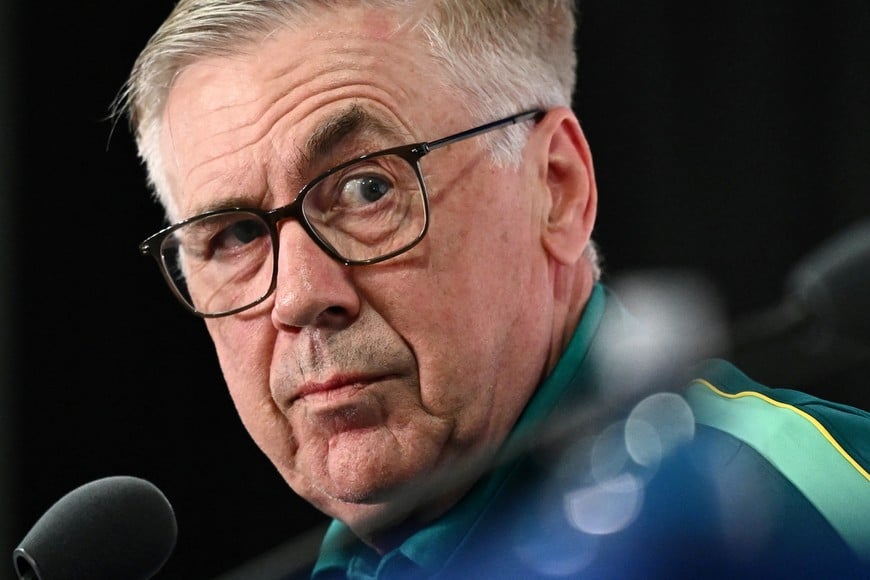 Soccer Football - FIFA World Cup 2026 - Brazil Press Conference - New York/New Jersey Stadium, East Rutherford, New Jersey, U.S. - June 12, 2026
Brazil coach Carlo Ancelotti during the press conference REUTERS/Dylan Martinez