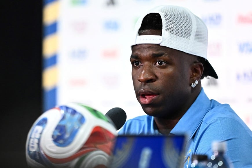 Soccer Football - FIFA World Cup 2026 - Brazil Press Conference - New York/New Jersey Stadium, East Rutherford, New Jersey, U.S. - June 12, 2026
Brazil's Vinicius Junior during the press conference REUTERS/Dylan Martinez