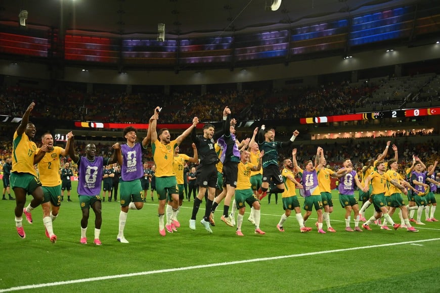 Soccer Football - FIFA World Cup 2026 - Group D - Australia v Turkey - BC Place, Vancouver, Canada - June 13, 2026
Australia players celebrate after the match IMAGN IMAGES via Reuters/Simon Fearn