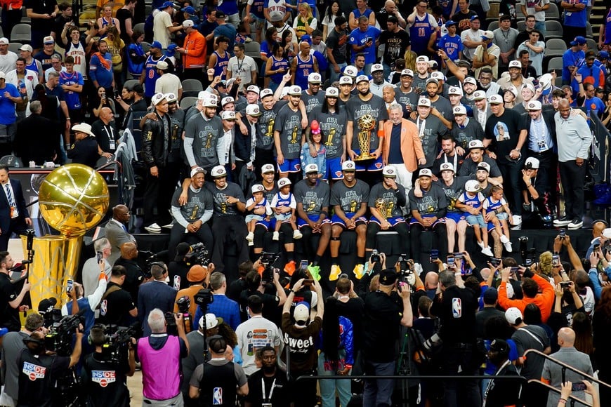 Jun 13, 2026; San Antonio, Texas, USA; The New York Knicks celebrate after defeating the San Antonio Spurs in game five of the 2026 NBA Finals to win the 2026 NBA Championship at Frost Bank Center. Mandatory Credit: Dustin Safranek-Imagn Images