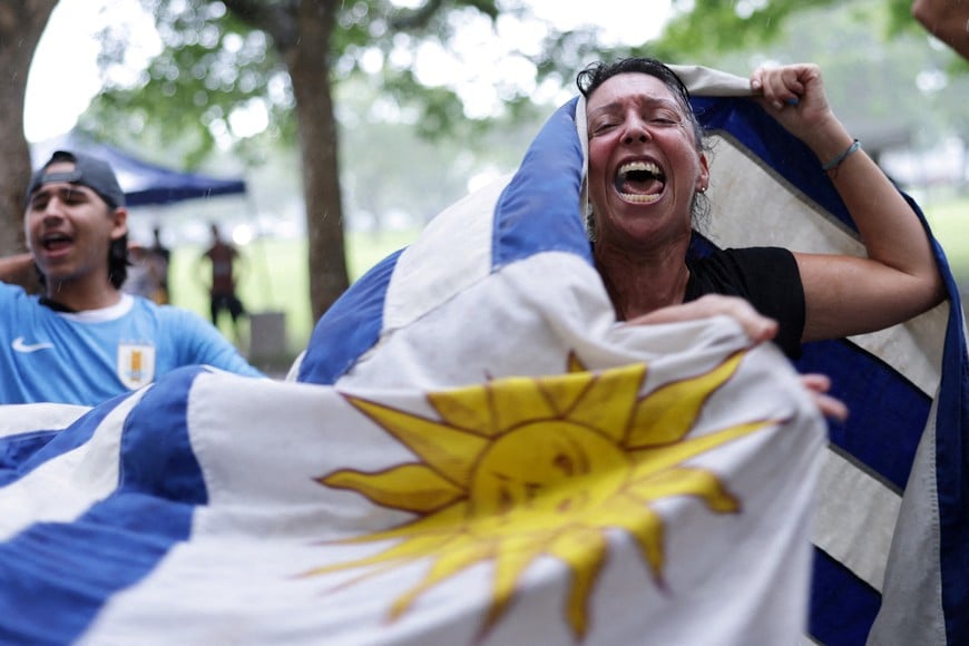 Soccer Football - FIFA World Cup 2026 - Uruguay fans gather in Miami Tropical Park, Florida, U.S. - June 14, 2026
Uruguay fans dance with a national flag as they gather ahead of the match against Saudi Arabia REUTERS/Amanda Perobelli TPX IMAGES OF THE DAY