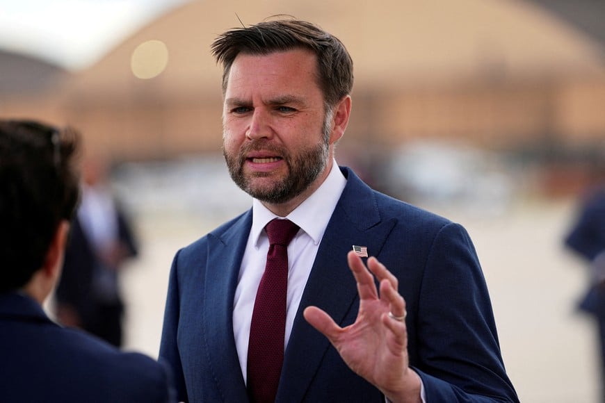 FILE PHOTO: U.S. Vice President JD Vance speaks with the media as he arrives at Joint Base Andrews, Maryland, U.S., May 28, 2026. Matt Rourke/Pool via REUTERS/File Photo