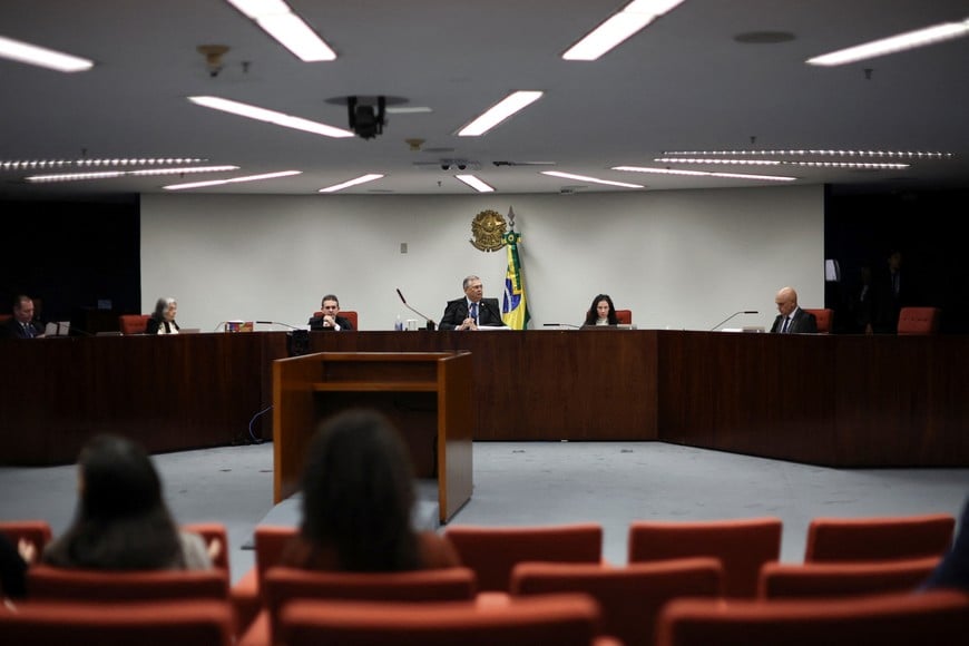 Brazil's Supreme Court Justice Alexandre de Moraes attends a session during the trial of Brazilian former lawmaker Eduardo Bolsonaro, accused of coercion in the course of legal proceedings related to his international actions targeting the case that led to the conviction of his father, former Brazilian President Jair Bolsonaro, at the Supreme Court in Brasilia, Brazil, June 16, 2026. REUTERS/Adriano Machado