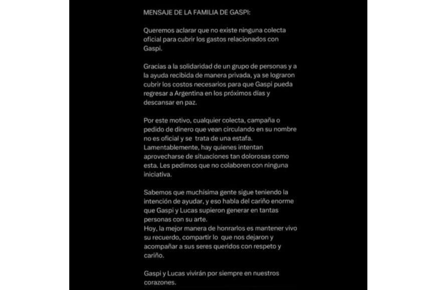 El comunicado de la familia de Gaspi.