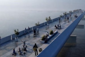 Maqueta digital del proyecto del nuevo puente a construir sobre la laguna Setúbal, en los pilares ferroviarios en desuso. Archivo.