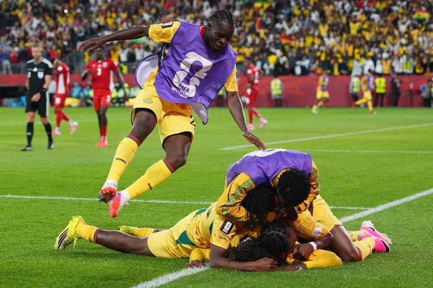 Soccer Football - FIFA World Cup 2026 - Group L - Ghana v Panama - Toronto Stadium, Toronto, Canada - June 17, 2026
Ghana's Caleb Yirenkyi celebrates scoring their first goal with teammates IMAGN IMAGES via Reuters/Kevin Sousa