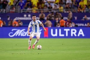 Jul 14, 2024; Miami, FL, USA; Argentina defender Nicolas Tagliafico (3) controls the ball against Colombia in the second half during the Copa America Final at Hard Rock Stadium. Mandatory Credit: Nathan Ray Seebeck-USA TODAY Sports