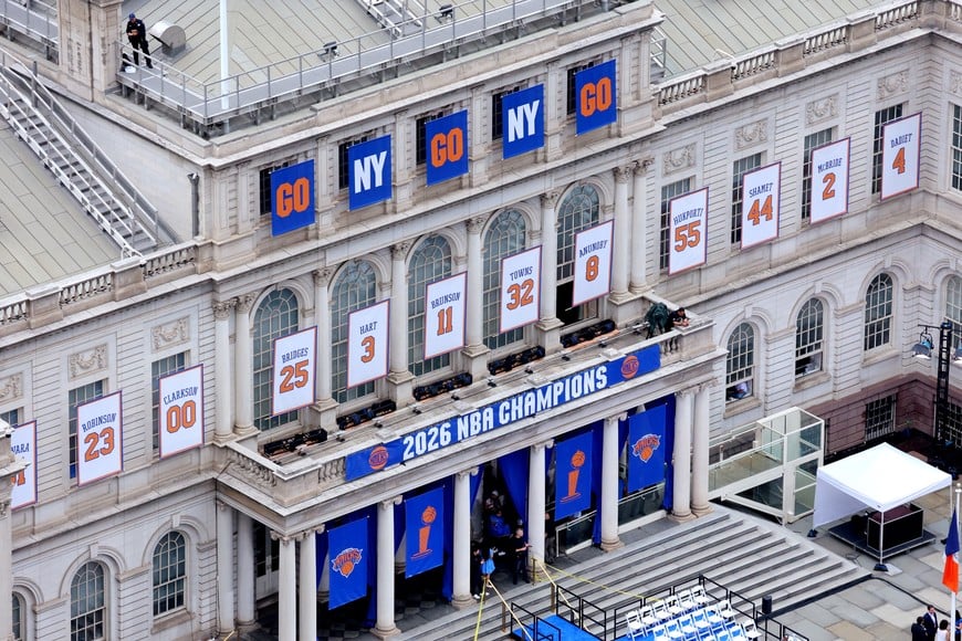 Basketball - NBA - New York Knicks Parade - Woolworth Building, New York City, New York, U.S. - June 18, 2026
General view of the New York City Hall before the parade REUTERS/Mike Segar