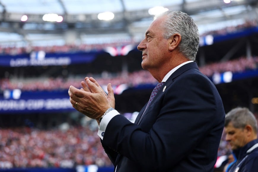 Soccer Football - FIFA World Cup 2026 - Group D - United States v Paraguay - Los Angeles Stadium, Inglewood, California, U.S. - June 12, 2026
Paraguay coach Gustavo Alfaro during the national anthems before the match REUTERS/Matthew Childs