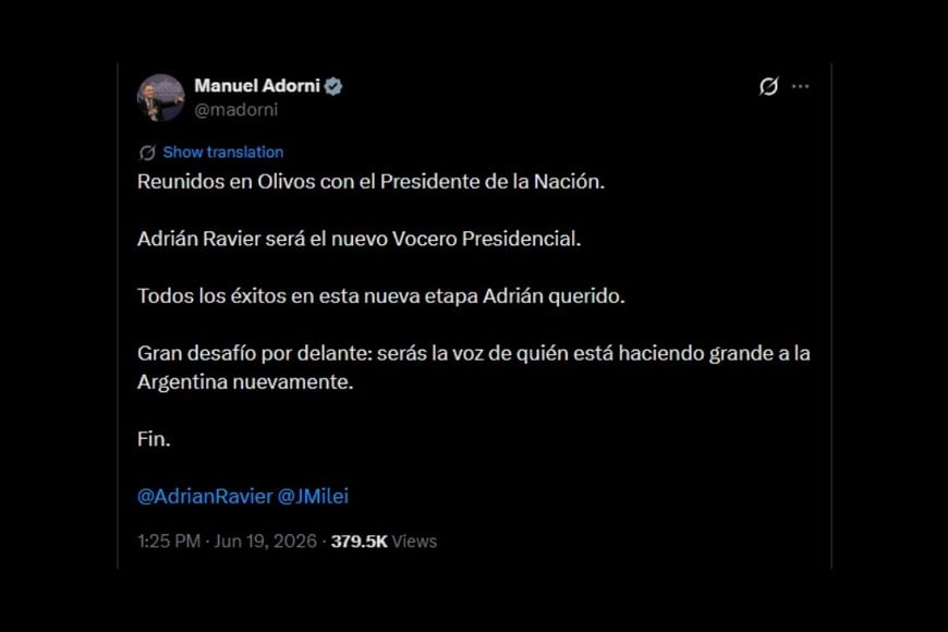 Lo confirmó Adorni: Adrián Ravier será el nuevo Vocero Presidencial