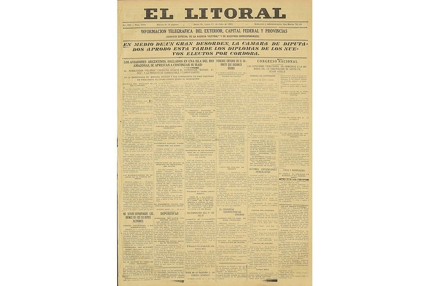 Portada de la edición del 21 de junio de 1926 del diario El Litoral. Archivo