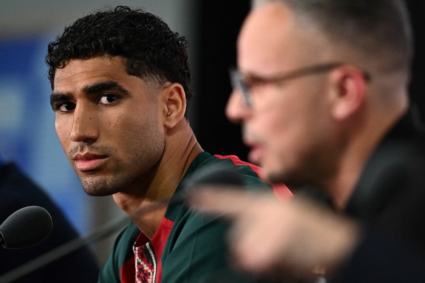 Soccer Football - FIFA World Cup 2026 - Morocco Press Conference - New York/New Jersey Stadium, East Rutherford, New Jersey, U.S. - June 12, 2026
Morocco's Achraf Hakimi during the press conference REUTERS/Dylan Martinez