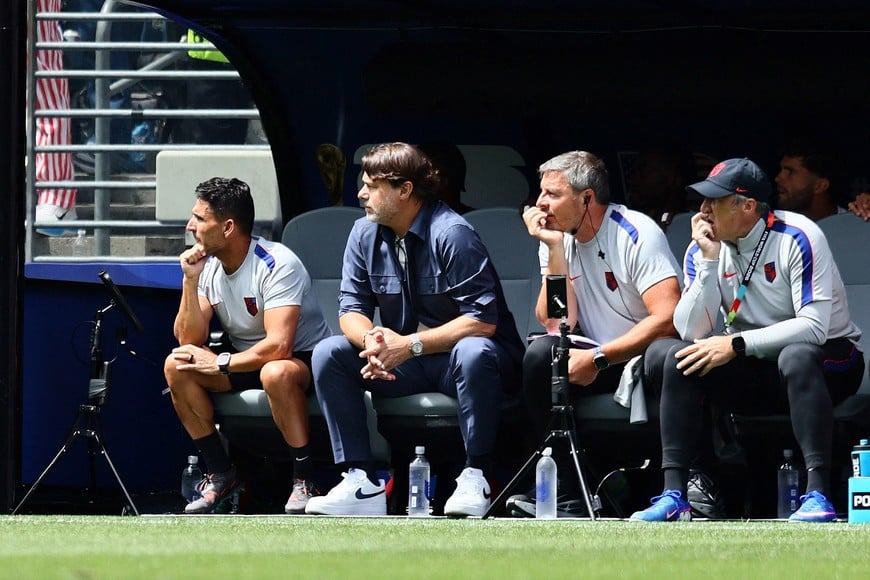 Soccer Football - FIFA World Cup 2026 - Group D - United States v Australia - Seattle Stadium, Seattle, Washington, U.S. - June 19, 2026
U.S. coach Mauricio Pochettino, assistant coaches Jesus Perez and Miguel D'Agostino IMAGN IMAGES via Reuters/Blake Dahlin