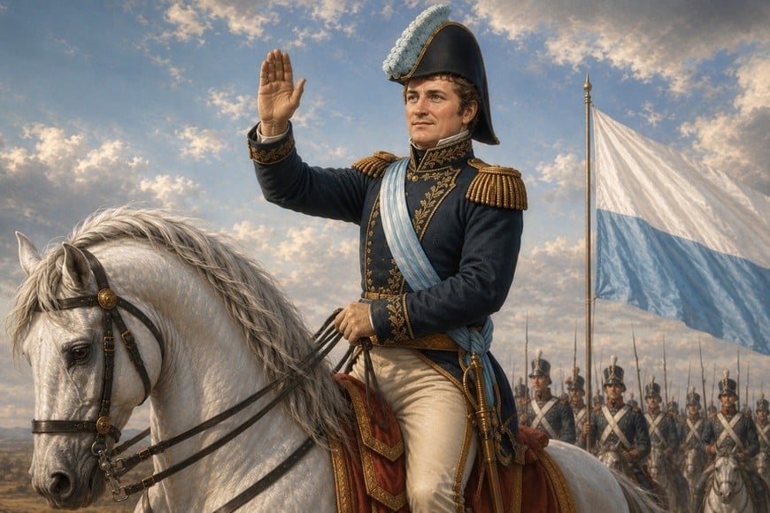 "Y aunque la mayoría de los dirigentes porteños no compartían su opinión, él en un acto de rebeldía, izó la nueva bandera en sus baterías Libertad e Independencia, delante de sus soldados".