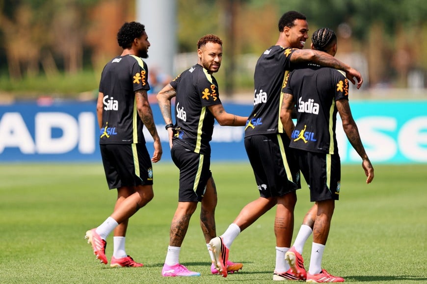 Soccer Football - FIFA World Cup 2026 - Brazil Training - Columbia Park Training Facility, Morristown, New Jersey, U.S. - June 17, 2026
Brazil's Neymar Jr., Ederson and Gabriel Magalhaes during training IMAGN IMAGES via Reuters/Caean Couto