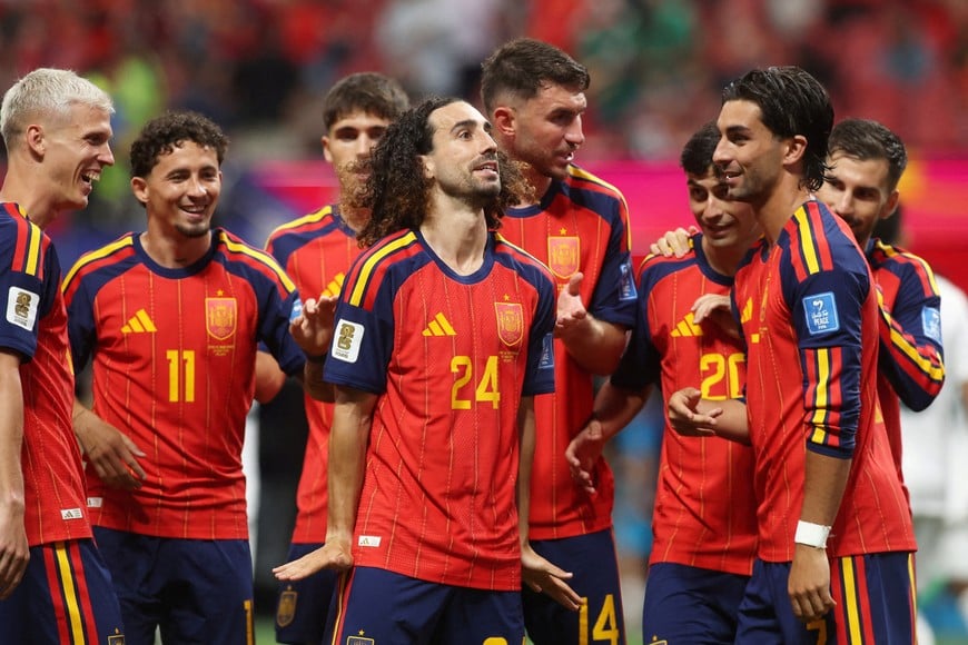 Soccer Football - FIFA World Cup 2026 - Group H - Spain v Saudi Arabia - Atlanta Stadium, Atlanta, Georgia, U.S. - June 21, 2026
Spain's Marc Cucurella celebrates with teammates after their fourth goal, an own goal scored by Saudi Arabia's Hassan Altambakti IMAGN IMAGES via Reuters/Brett Davis TPX IMAGES OF THE DAY