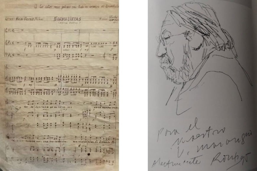 Virtú Maragno: partitura de la “Marcha del Normalista” y dibujo por Guillermo Roux