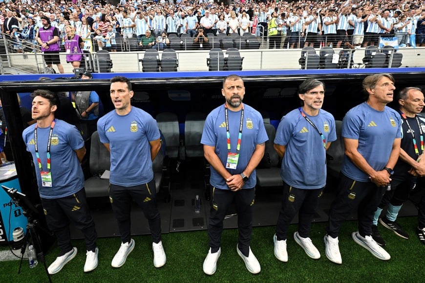 Soccer Football - FIFA World Cup 2026 - Group J - Argentina v Austria - Dallas Stadium, Arlington, Texas, U.S. - June 22, 2026
Argentina coach Lionel Scaloni during the national anthems before the match IMAGN IMAGES via Reuters/Jerome Miron