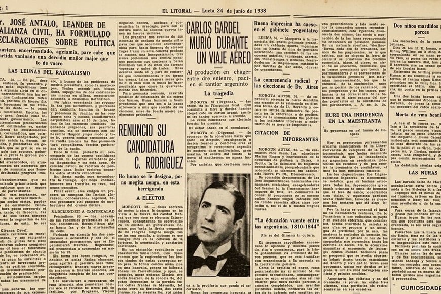 Los primeros datos de la muerte de Gardel en El Litoral. Foto: Archivo El Litoral