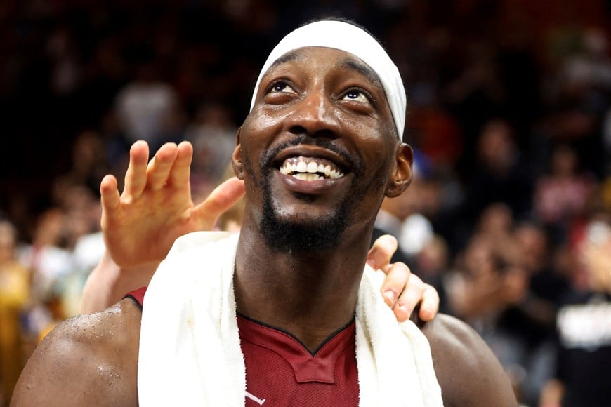 Mar 10, 2026; Miami, Florida, USA; Miami Heat center Bam Adebayo (13) reacts after becoming the NBA's second highest scorer of points in a game against the Washington Wizards at Kaseya Center. Adebayo scored 83 points. Mandatory Credit: Rhona Wise-Imagn Images TPX IMAGES OF THE DAY