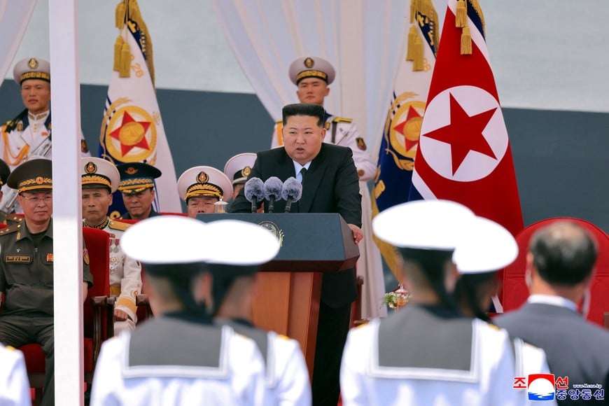 North Korean leader Kim Jong Un speaks during the commissioning ceremony of the new multipurpose destroyer Choe Hyon at Nampho port, North Korea, June 23, 2026, in this picture released by North Korea's official Korean Central News Agency. KCNA via REUTERS ATTENTION EDITORS - THIS IMAGE WAS PROVIDED BY A THIRD PARTY. REUTERS IS UNABLE TO INDEPENDENTLY VERIFY THIS IMAGE. NO THIRD PARTY SALES. SOUTH KOREA OUT. NO COMMERCIAL OR EDITORIAL SALES IN SOUTH KOREA.