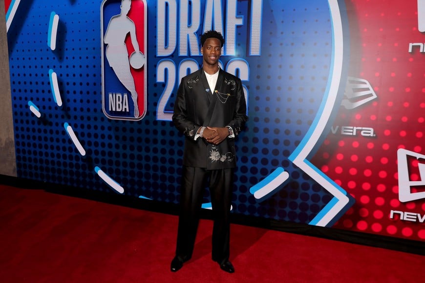 Jun 23, 2026; New York, NY, USA; Draft prospect AJ Dybantsa poses for photos on the red carpet before the 2026 NBA draft at Barclays Center. Mandatory Credit: Brad Penner-Imagn Images
