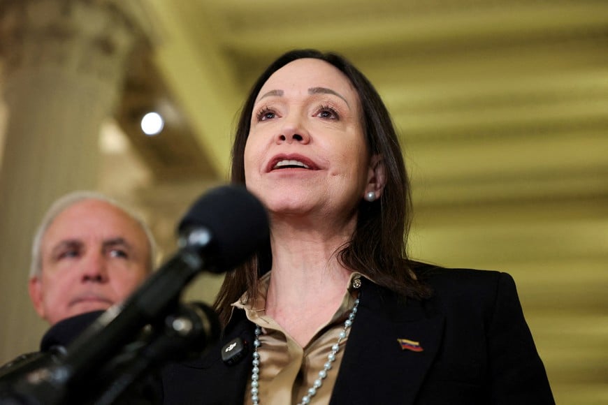 Venezuelan opposition leader Maria Corina Machado speaks during a press conference on Capitol Hill, in Washington, D.C., U.S., January 20, 2026. REUTERS/Kylie Cooper