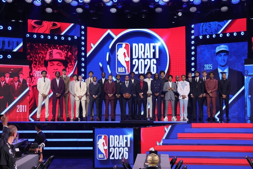 Jun 23, 2026; New York, NY, USA; NBA commissioner Adam Silver poses with 2026 draft prospects before the NBA Draft at Barclays Center. Mandatory Credit: Brad Penner-Imagn Images