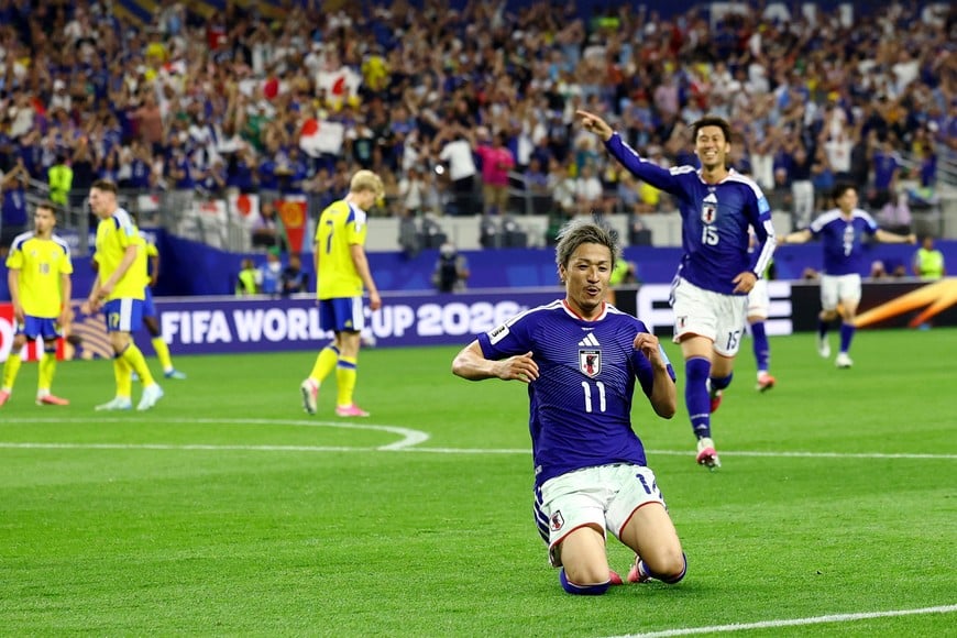 Soccer Football - FIFA World Cup 2026 - Group F - Japan v Sweden - Dallas Stadium, Arlington, Texas, U.S. - June 25, 2026
Japan's Daizen Maeda celebrates scoring their first goal REUTERS/Issei Kato