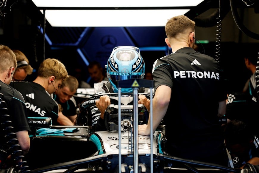 Formula One F1 - Austrian Grand Prix - Red Bull Ring, Spielberg, Austria - June 26, 2026
Mercedes' George Russell during practice REUTERS/Lisa Leutner
