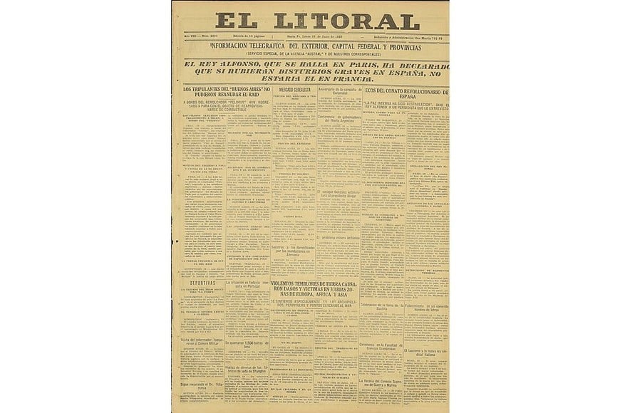 La portada de la edición del 28 de junio de 1926 de diario El Litoral.
