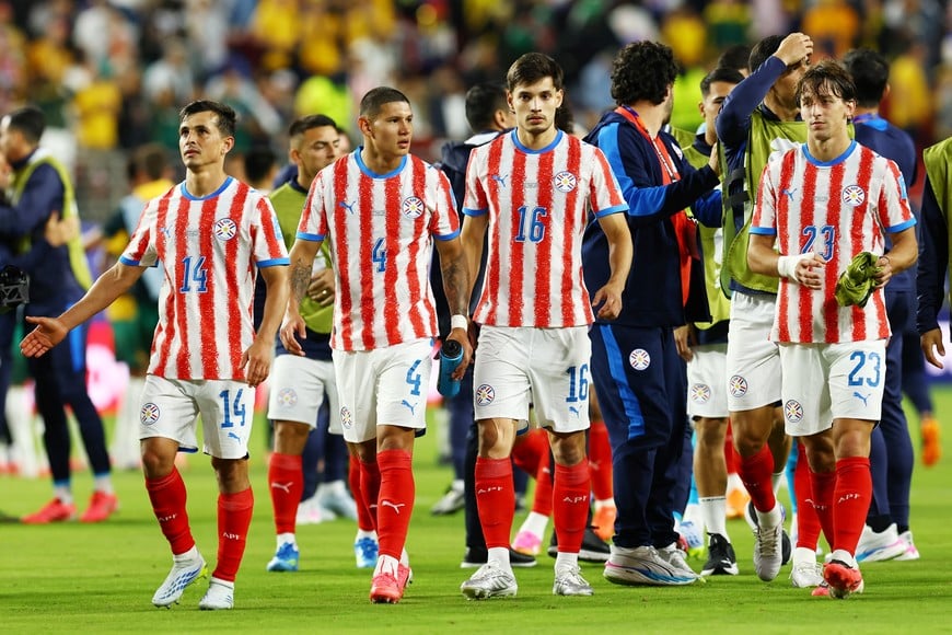 Soccer Football - FIFA World Cup 2026 - Group D - Paraguay v Australia - San Francisco Bay Area Stadium, Santa Clara, California, U.S. - June 25, 2026
Paraguay players react after the match REUTERS/Eloisa Lopez