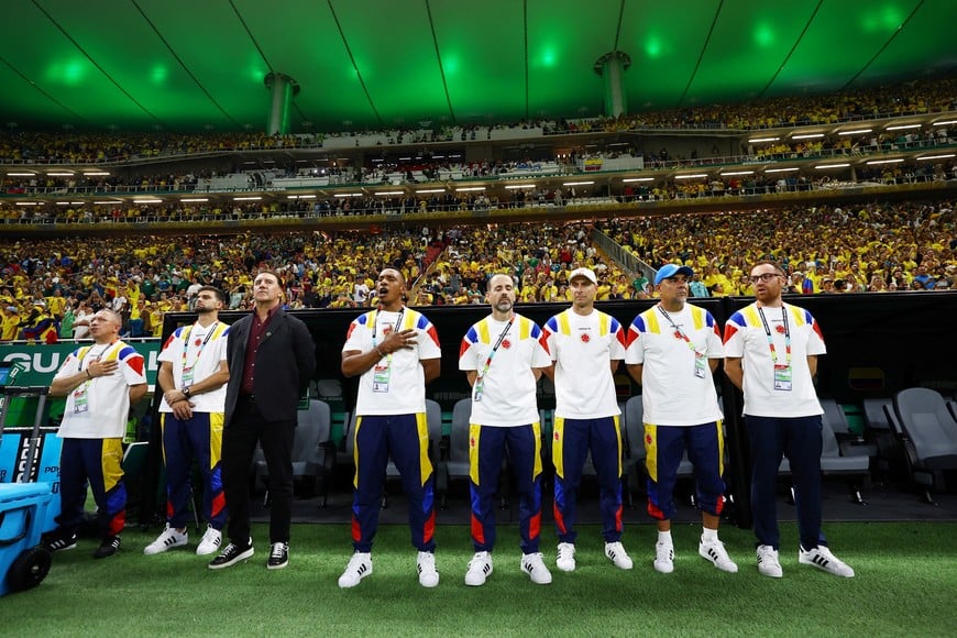 Soccer Football - FIFA World Cup 2026 - Group K - Colombia v DR Congo - Estadio Guadalajara, Guadalajara, Mexico - June 23, 2026
Colombia coach Nestor Lorenzo during the national anthems before the match REUTERS/Daniel Becerril