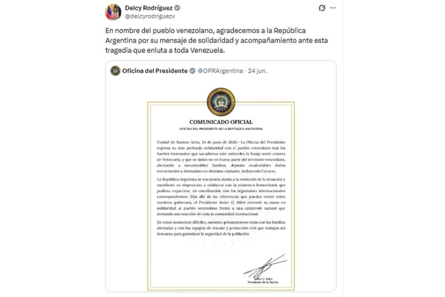 Decly Rodríguez agradeció a través de X la ayuda humanitaria de Argentina frente a los terremotos en Venezuela. Foto: NA.