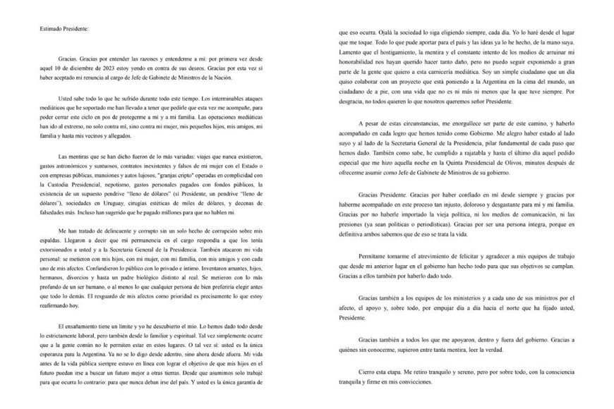 La carta de Adorni a Milei.