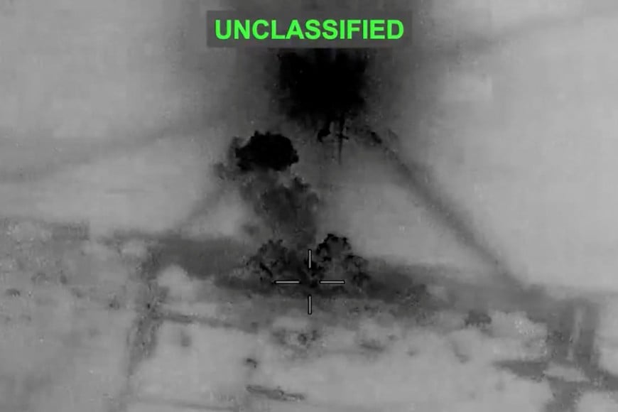 Smoke rises from explosions at an unknown location, following what U.S. Central Command (CENTCOM) said were strikes on Iran in response to an Iranian drone strike on a cargo ship in the Strait of Hormuz, in this screen grab from video released June 26, 2026.  U.S. Central Command/Handout via REUTERS    THIS IMAGE HAS BEEN SUPPLIED BY A THIRD PARTY. MANDATORY CREDIT. OVERLAY FROM SOURCE.

VERIFICATION
- Location and date could not be verified.
- No earlier version of the video found posted online before Friday (June 26).