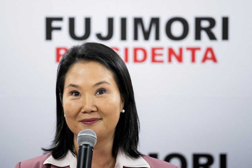 Peru's conservative Keiko Fujimori reacts as she addresses the media at her party's Popular Force headquarters, after she narrowly defeated leftist congressman Roberto Sanchez in the Peruvian presidential election, ahead of the official result announcement, in Lima, Peru, June 24, 2026. REUTERS/Angela Ponce