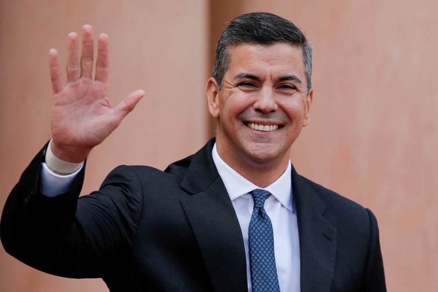 Paraguay's President Santiago Pena gestures on the day he meets with Argentina's President Javier Milei (not pictured), in Asuncion, Paraguay April 9, 2025. REUTERS/Cesar Olmedo